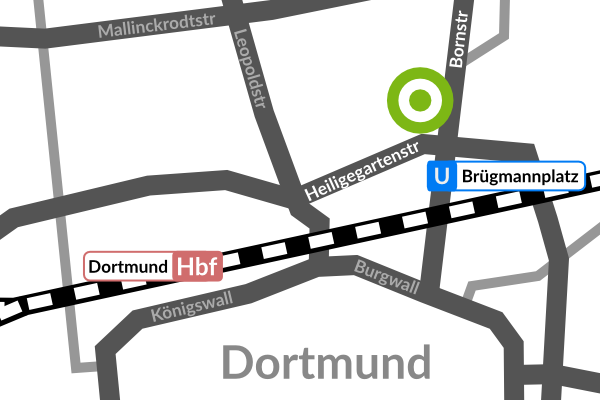 Karte der Dortmunder Innenstadt, das IBB auf der Bornstraße 66 hervorgehoben.